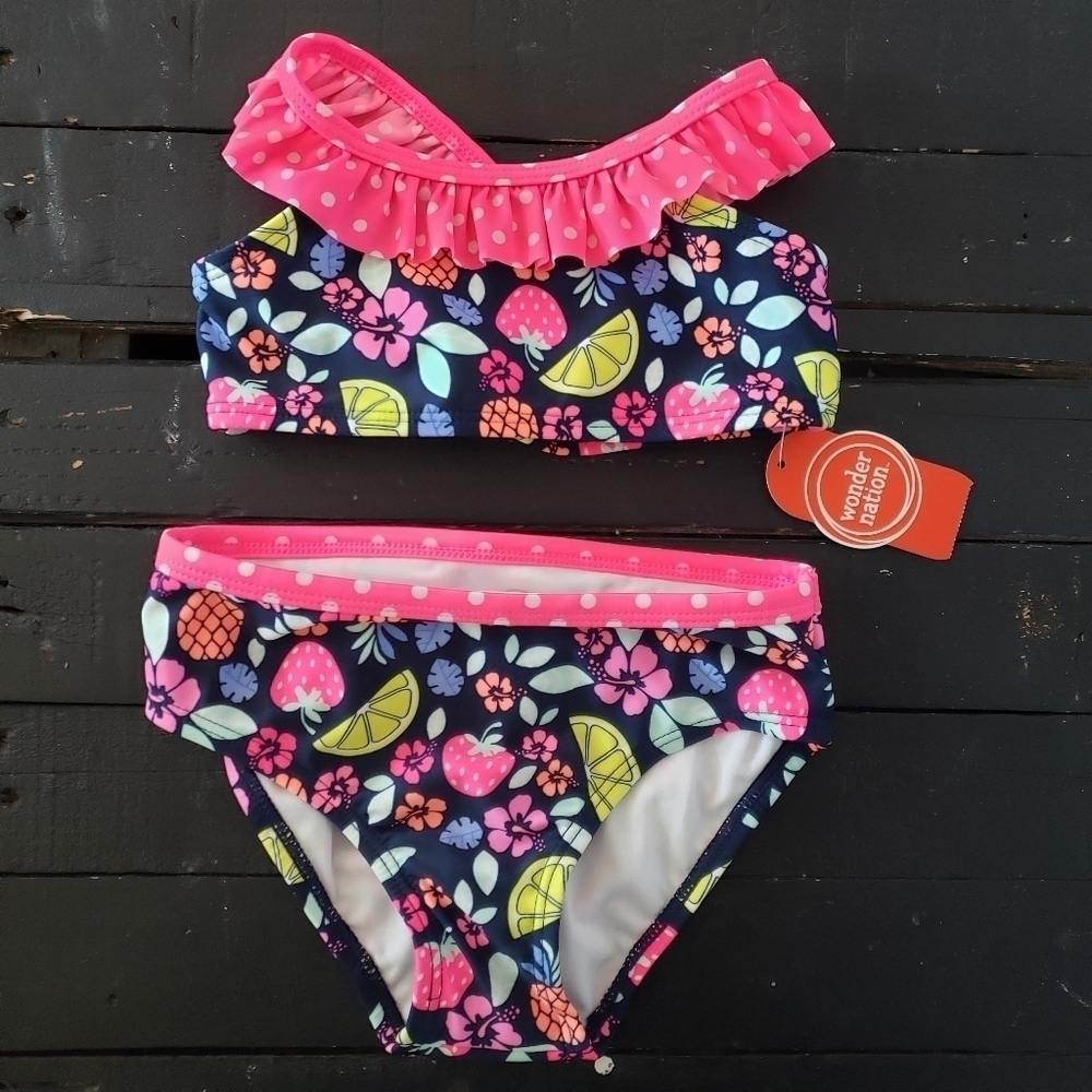 Wonder Nation NWT Toddler Girl 4T Bikini Swimsuit Navy Neon Pink Ruffle Fruit